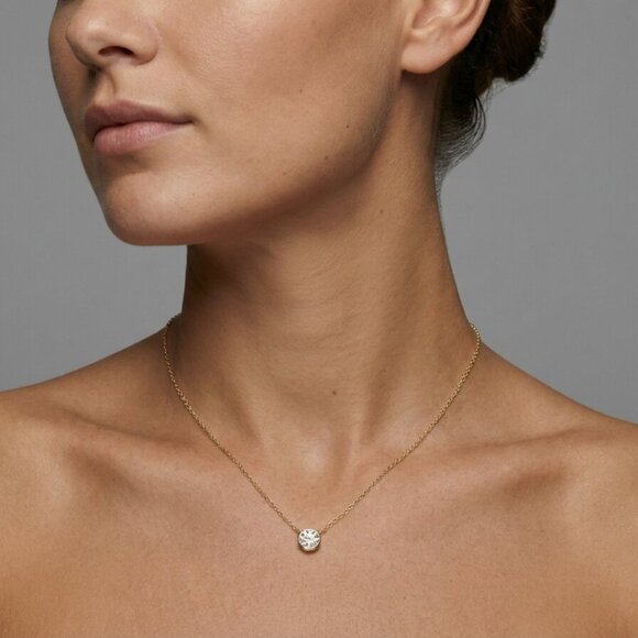 Diamond Bezel 14K (or 18k upon request) Gold Solitaire Pendant Necklace - Picture 2 of 7